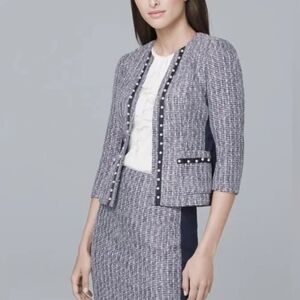White House Black Market Blue with Ecru Embellished Pearl Tweed Suit Sz. 8 NWT